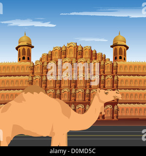 Kamel stehend vor Palast, Hawa Mahal, Jaipur, Rajasthan, Indien Stockfoto