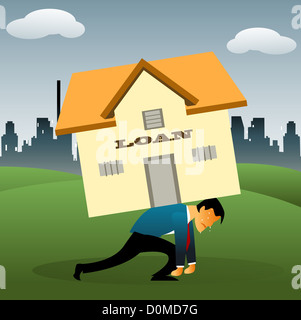 Anschauliche Darstellung eines Mannes mit Wohnungsbaus überfordert Stockfoto