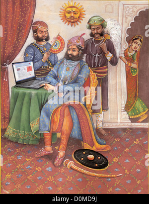 Gemälde eines Rajasthani-Königs mit einem Laptop, Rajasthan, Indien Stockfoto