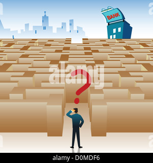 Geschäftsmann am Eingang des Labyrinths stehen und blickte verwirrt auf den Weg zur Bank finden Stockfoto