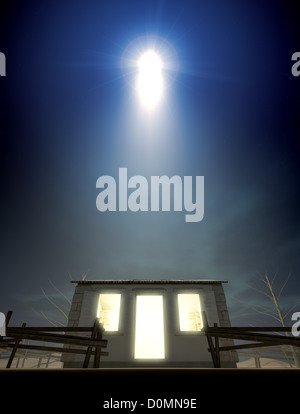 Eine Darstellung der Krippe von Christs Geburt in Bethlehem mit der isolierten heruntergekommen Stall wird von einem hellen Stern beleuchtet Stockfoto