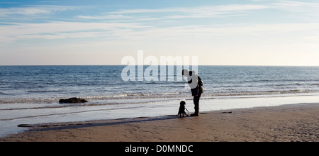 Wandern mit Hund am Strand unter Bamborough Castle. Northumberland Stockfoto