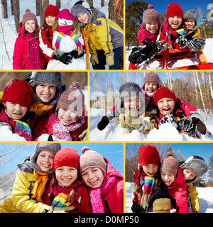 Collage der happy Friends in Winterwear Spaß außerhalb Stockfoto