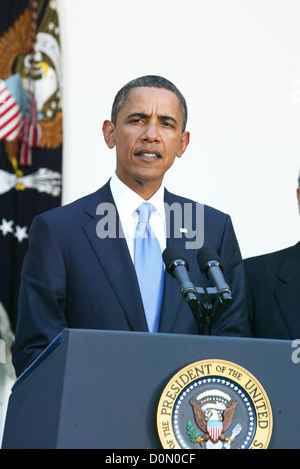 Präsident Barack Obama Präsident der Vereinigten Staaten befasst sich mit die Medien in Bezug auf den Fortschritt der Nahost-Frieden Stockfoto