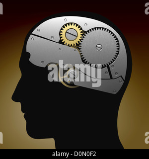 Anatomisches Modell eines menschlichen Kopfes, den menschlichen Geist wie ein Zahnradsystem darstellt. Stockfoto