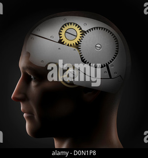Anatomisches Modell eines menschlichen Kopfes, den menschlichen Geist wie ein Zahnradsystem darstellt. Stockfoto
