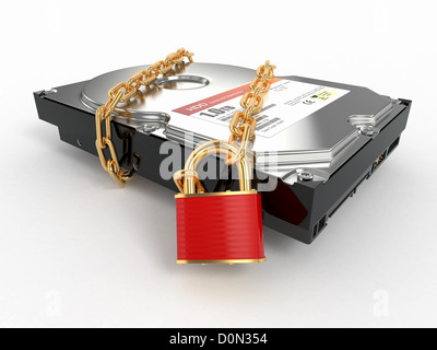 Geschützte Hdd. Kette und Schloss auf Festplatte gespeichert. 3D Stockfoto