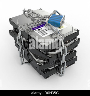 Geschützte Hdd. Kette und Schloss auf Festplatte gespeichert. 3D Stockfoto