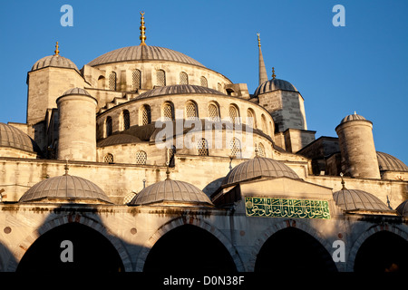 Die blaue Moschee im Abendlicht von betrachtet im Innenhof, Istanbul, Türkei. Stockfoto