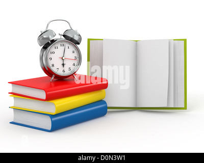 Zeit für die Schule. Wecker auf Bücher. 3D Stockfoto