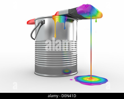 Farbe und Pinsel in die Farben des Regenbogens. 3D Stockfoto