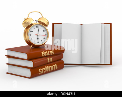 Zurück zur Schule. Wecker auf Bücher. 3D Stockfoto