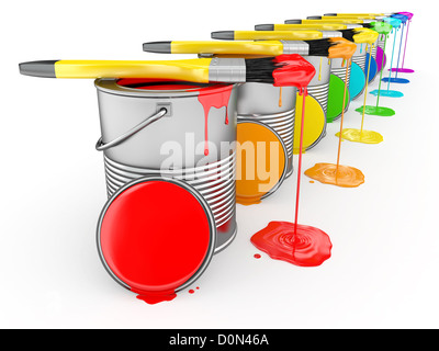 Farbe und Pinsel in die Farben des Regenbogens. 3D Stockfoto