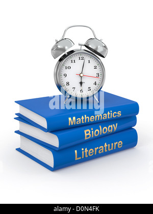 Abschlussprüfung. Wecker auf Bücher. 3D Stockfoto