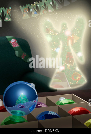 Glas Weihnachtskugeln Baum und magische Engel Form reflektieren dekoriert, Baum und Umgebung Stockfoto