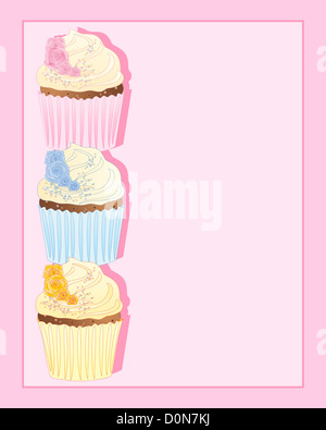 zur Veranschaulichung der drei Cupcakes in rosa blau und gelb mit rosa Dekoration auf einem rosa Hintergrund mit Platz für text Stockfoto