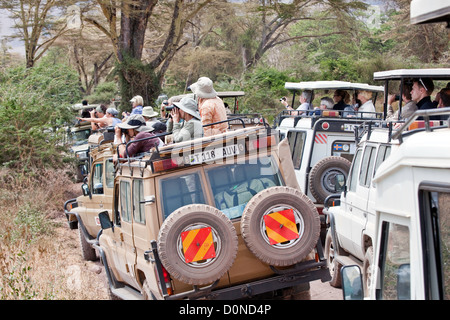 Scharen von Touristen in Safari Fahrzeuge Ngorongoro Krater; Wildpark; Park, Nationalpark; Afrikas; Ostafrika, Tansania Stockfoto