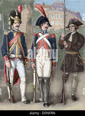 Frankreich. Wache der National Convention (Mitte), französischer Grenadier Guard (links) und verkrüppelt (rechts). Farbige Gravur. Stockfoto