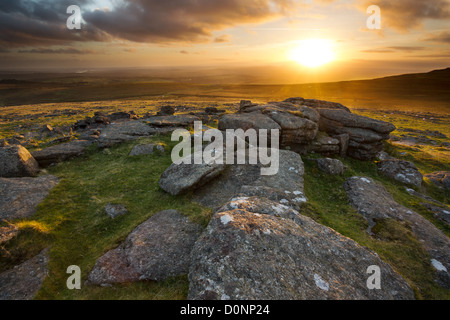 Sonnenuntergang vom Grundnahrungsmittel Tor wirft einen goldenen Schimmer über die Heide mit Blick auf Cox-Tor. Dartmoor National Park, Devon, Uk Stockfoto