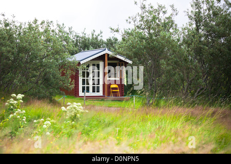 Kleines Haus an bewachsenen ländlichen Bezirk von Island Stockfoto