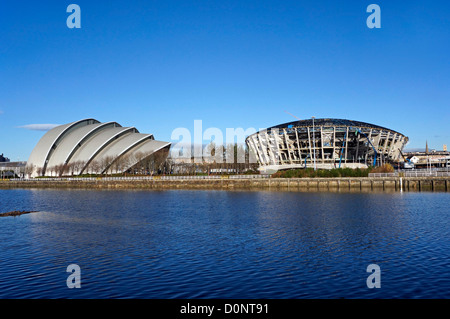 Bau schreitet auf die neue Scottish National Arena (The Hydro) in SECC in Glasgow mit Clyde Auditorium links. Stockfoto