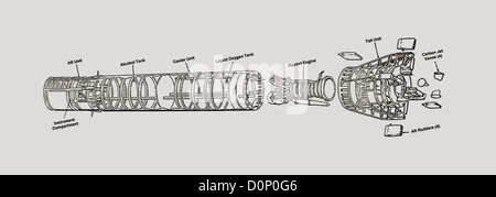 Explosionszeichnung des Mercury-Redstone Rakete Struktur Stockfoto