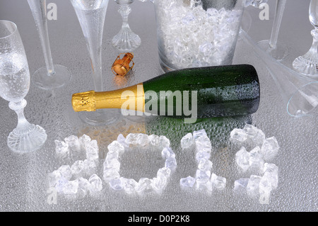 Frohes neues Jahr. 2013 ausgeschrieben mit Eiswürfeln auf einer nassen metallischen Oberfläche, umgeben von einer Flasche Champagner und Flöten. Stockfoto