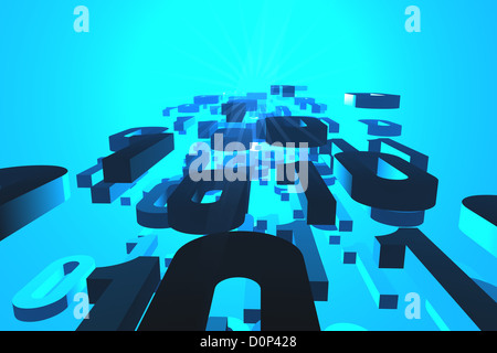 3D Darstellung der Binärzahlen fließt vom oder zum glühenden Quelle oder Ziel. Stockfoto