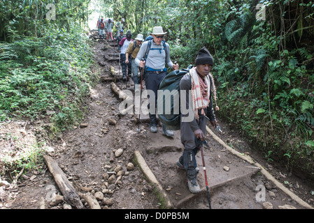 KILIMANDSCHARO, Tansania – Eine Gruppe von Kletterern steigt vom Kilimandscharo ab. Stockfoto