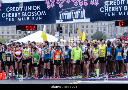 Die Startlinie der Elite Männer ein paar Sekunden vor dem Start Arbeitsteilung 2012 Cherry Blossom 10-Miler. Auf der rechten Seite, in der Nummer 9 Lätzchen ist der Sieger, Allan Kiprono aus Kenia, einen neuen Streckenrekord von 45:15 auszog. Zu seiner rechten, in Nummer 11 ist Lani Kiplagat, ebenfalls aus Kenia, die zweite in 46:28 kamen. Dieses Jahr war der 40. Ablauf des Rennens, die jeden Frühling in Washington, D.C. zusammen mit der National Cherry Blossom Festival ausgeführt wird. Der Kurs beginnt in der Nähe des Washington Monument, Köpfe über Memorial Bridge und zurück, steigt unter dem Kennedy Center, um das Tidal Basin Stockfoto