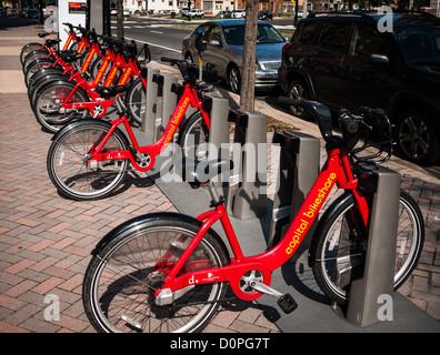 Capital Bikeshare Station Clarendon Arlington Virginia | Die kürzlich installierte Capital Bikeshare-Bike-Station in Clarendon, Arlington, VA, an der Ecke von Washington Blvd und 10th St N. Capital Bikeshare ist ein Selbstbedienungs-Fahrradverleihservice, der im Mai 2010 im Großraum Washington DC eingeführt wurde und das Smartbike DC-Programm von Washington DC (eingeführt im August 2008) sowie ein weiteres Programm, das von Arlington County entwickelt wurde, zusammenführte. Stockfoto