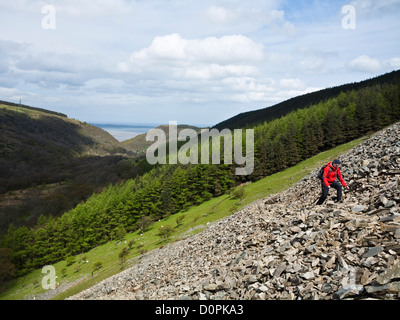 Eine weibliche Wanderer verhandelt Geröll mit Blick auf Coedydd Aber National Nature Reserve in Snowdonia Wales Stockfoto