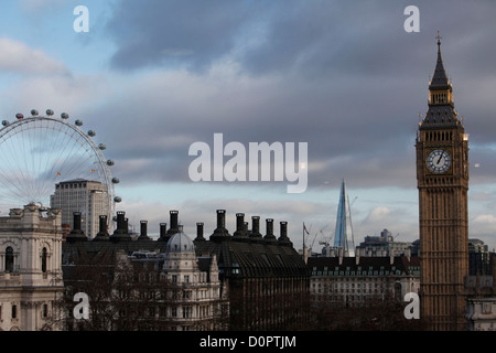 Londons Big Ben The Shard und das London Eye in einem Bild Stockfoto