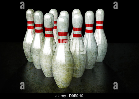 10 Bowling-Pins in Ausrichtung. Gruppieren Sie Zweisamkeit Konzept. Stockfoto