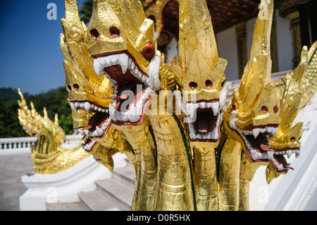 LUANG PRABANG, Laos – Goldene Naga (König Cobras) zieren die Treppe von Haw Pha Bang (Schlosskapelle) im Königlichen Palastmuseum in Luang Prabang, Laos. Die kunstvoll verzierte Kapelle in der nordöstlichen Ecke des Museumsgeländes zeigt traditionelle laotische Architektur und buddhistische Symbolik. Stockfoto