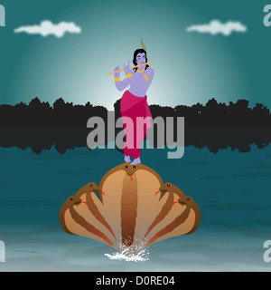 Lord Krishna spielt Querflöte auf den Kopf des Kaliya cobra Stockfoto