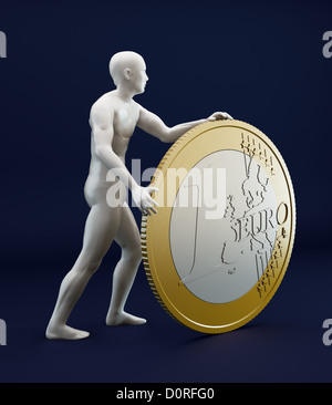 Man rollt eine Euro-Münze Stockfoto