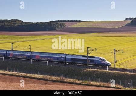 Ein TGV beschleunigt durch die Burgunder Landschaft auf der Strecke zwischen Paris und dem Südosten von Frankreich. Stockfoto