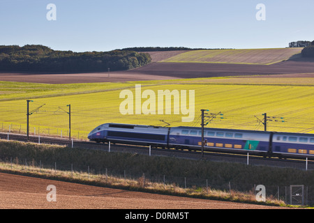 Ein TGV beschleunigt durch die Burgunder Landschaft auf der Strecke zwischen Paris und dem Südosten von Frankreich. Stockfoto