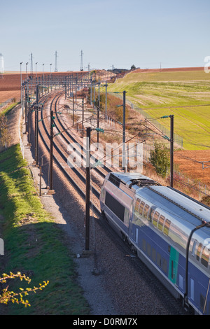 Ein TGV beschleunigt durch die Burgunder Landschaft auf der Strecke zwischen Paris und dem Südosten von Frankreich. Stockfoto