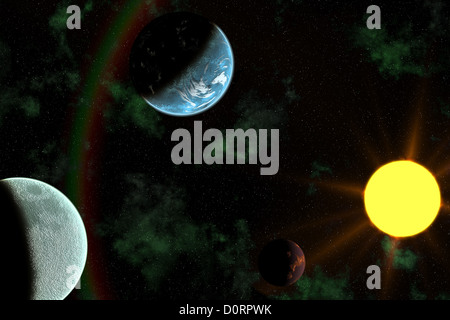 Planeten mit der Sonne Flare im Weltraum Stockfoto