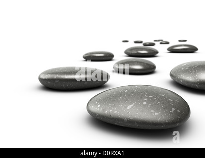 viele Kieselsteine auf einem weißen Boden, Steinen sind schwarz mit grauen Punkten, gibt es eine Unschärfe nichtauf den Hintergrund, die vorderen Stein ist clea Stockfoto