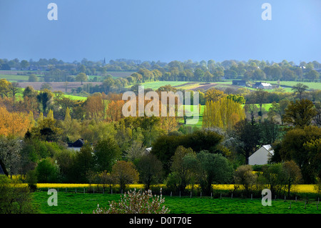 Ackerland im Norden der Mayenne im Frühjahr (April), Wiesen, Hecken, freistehende Häuser (Mayenne, Pays de la Loire, Frankreich, Europa). Stockfoto