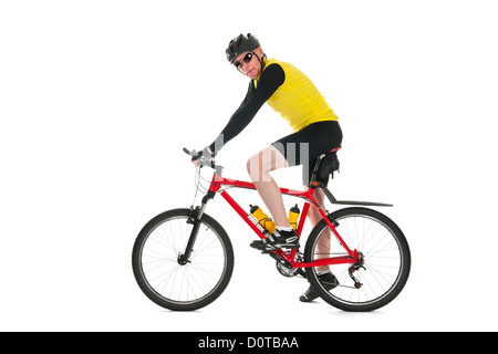 Aktive Mountainbiker reitet im Studio isoliert auf weißem Hintergrund Stockfoto