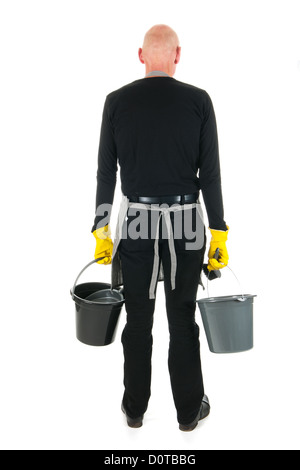 Rückseite ein Reiniger mit Eimer und Schaufel und Pinsel Stockfoto