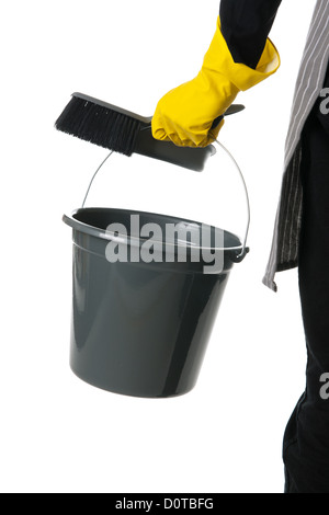 Detail der Putzfrau mit Eimer und Schaufel und Pinsel Stockfoto