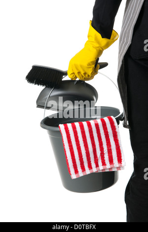 Detail der Putzfrau mit Eimer und Schaufel und Pinsel Stockfoto