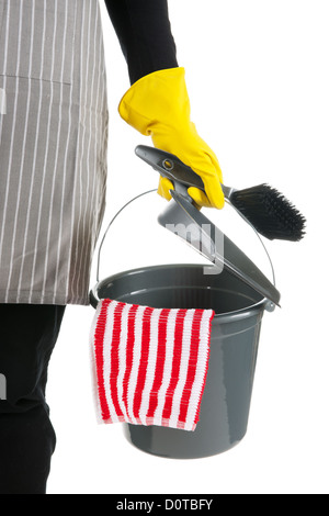 Detail der Putzfrau mit Eimer und Schaufel und Pinsel Stockfoto