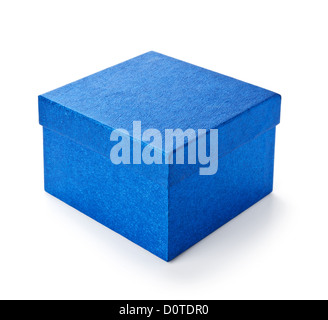 blau glänzenden Geschenkbox isoliert auf weißem Hintergrund Stockfoto