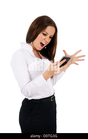 Isolierte junge Geschäftsfrau schreiend auf Telefon Stockfoto